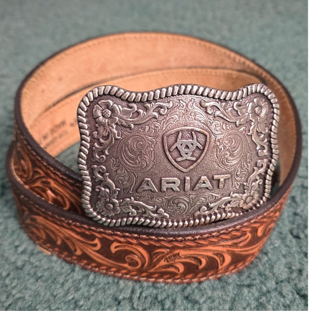 Nocona Mens Brown Tooled Top Grain Leather Western Belt Ariat Buckle 38 USA Made